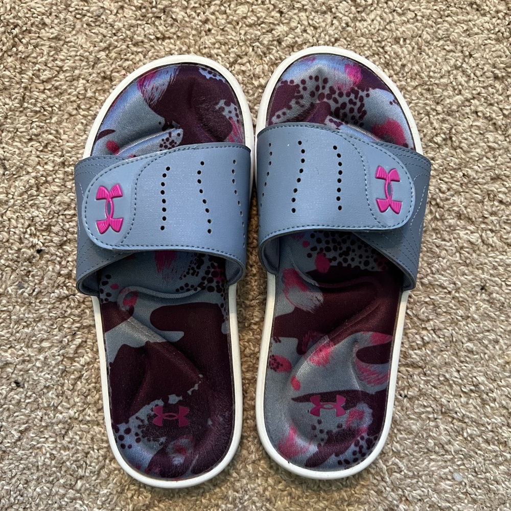 Under Armour Womens Slide Sandals - Gray and Pink Camo
